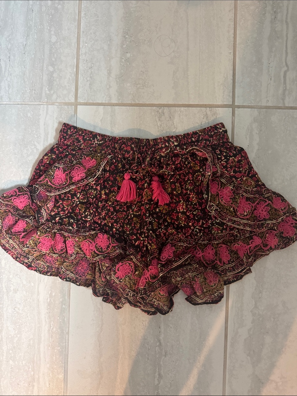 RAGA Black Shorts with Hot Pink Embroidery & Tassel Tie